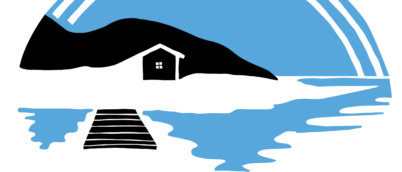 Del av Lekholmens tecknade logo. En stuga på en strand, en brygga i svart och blått.