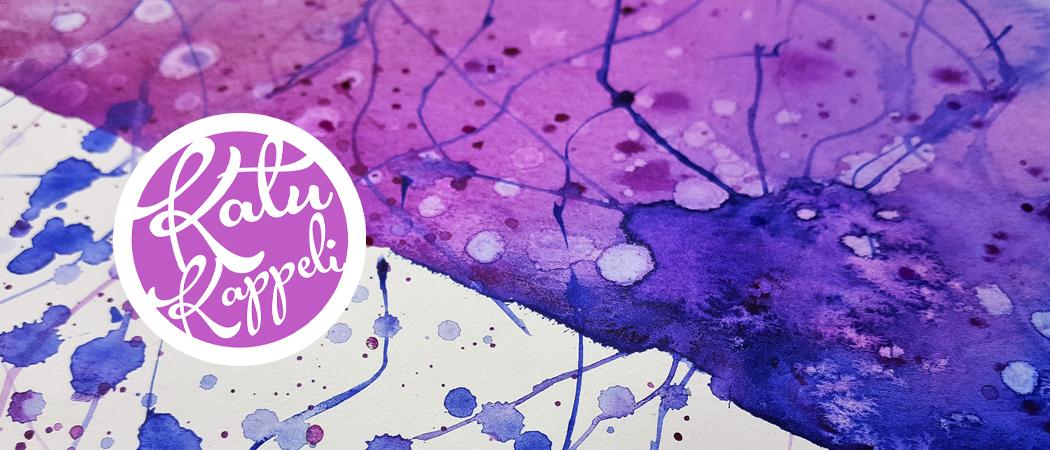Violetin sävyisillä väreillä maalattu abstrakti kuva, jossa väriviivoja ikään kuin polkuina ja väripisaroita.