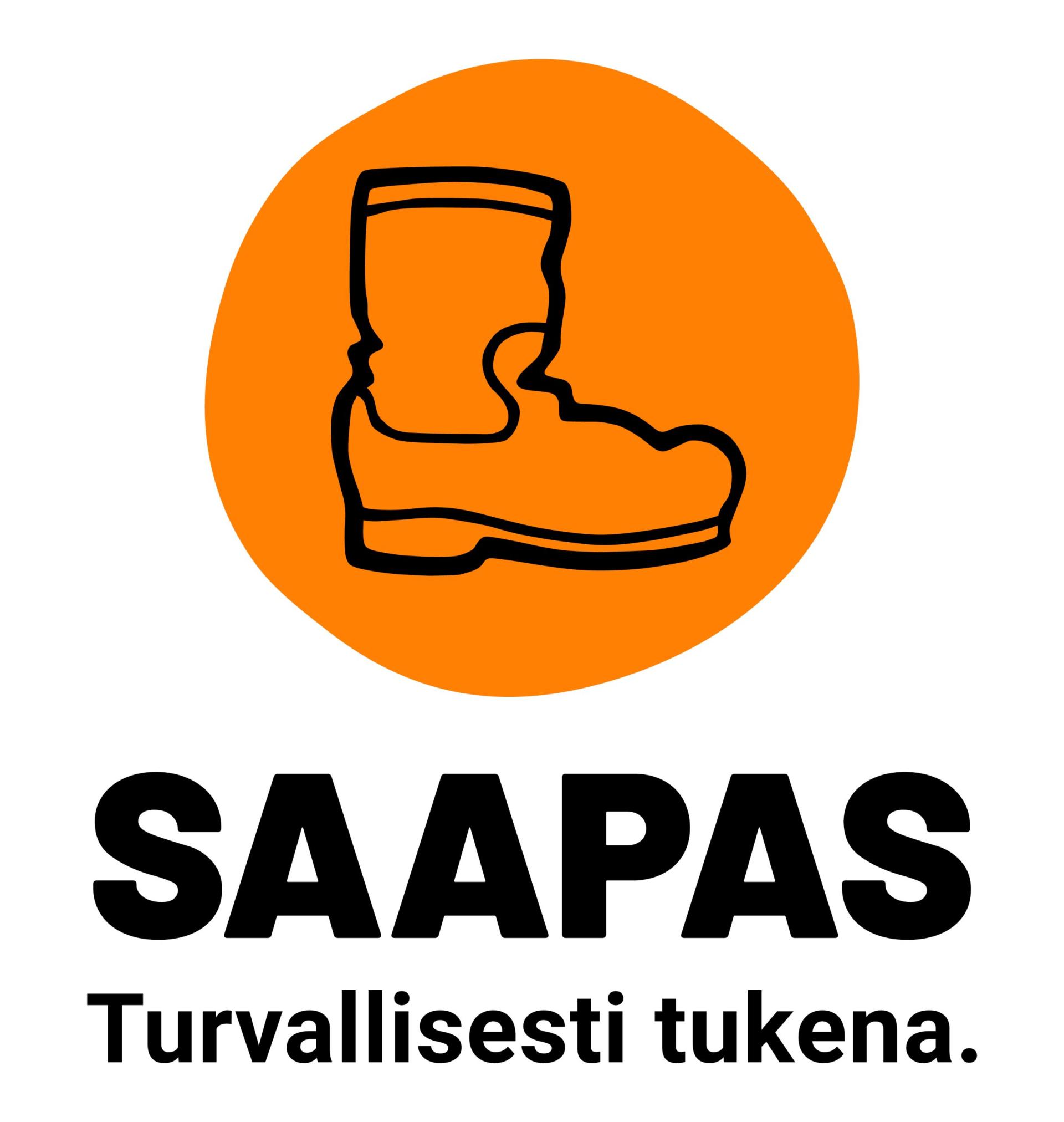 Teksti: Saapas - turvallisesti tukena. Piirretty saappaan kuva oranssissa ympyrässä