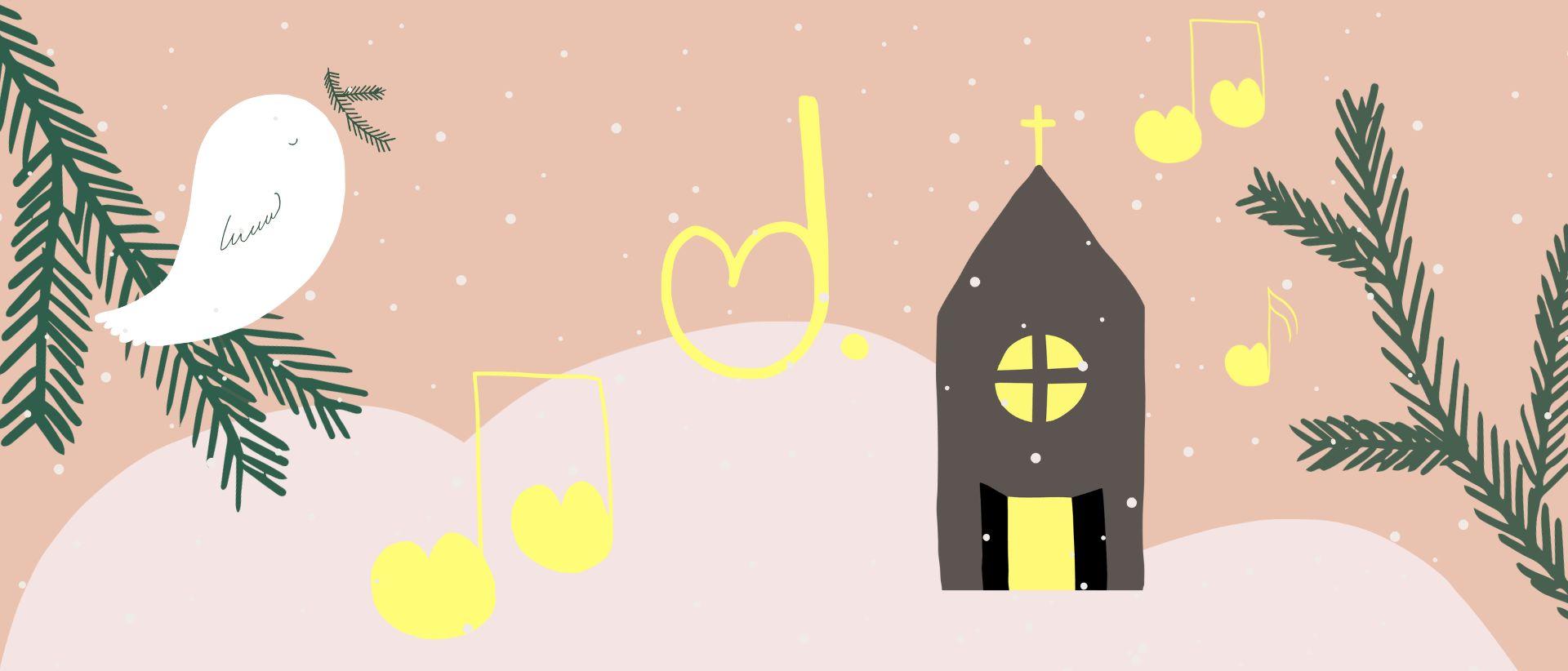 Piirroskuvia: luminen maisema, kuusenoksia, yhdessä kyyhky, kirkko jossa valot, keltaisia nuotteja ilmassa.