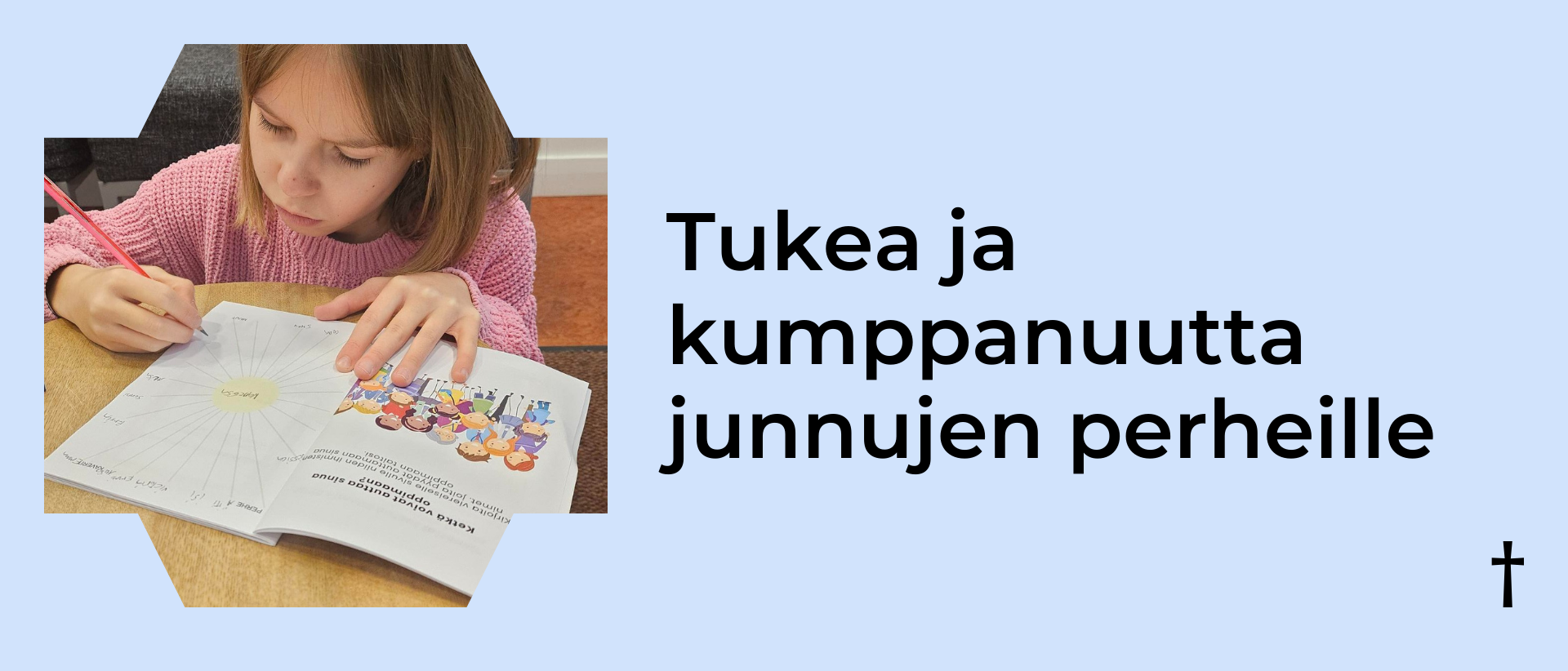 Sinisellä pohjalla kuva koululaisesta, joka täyttää työkirjaa