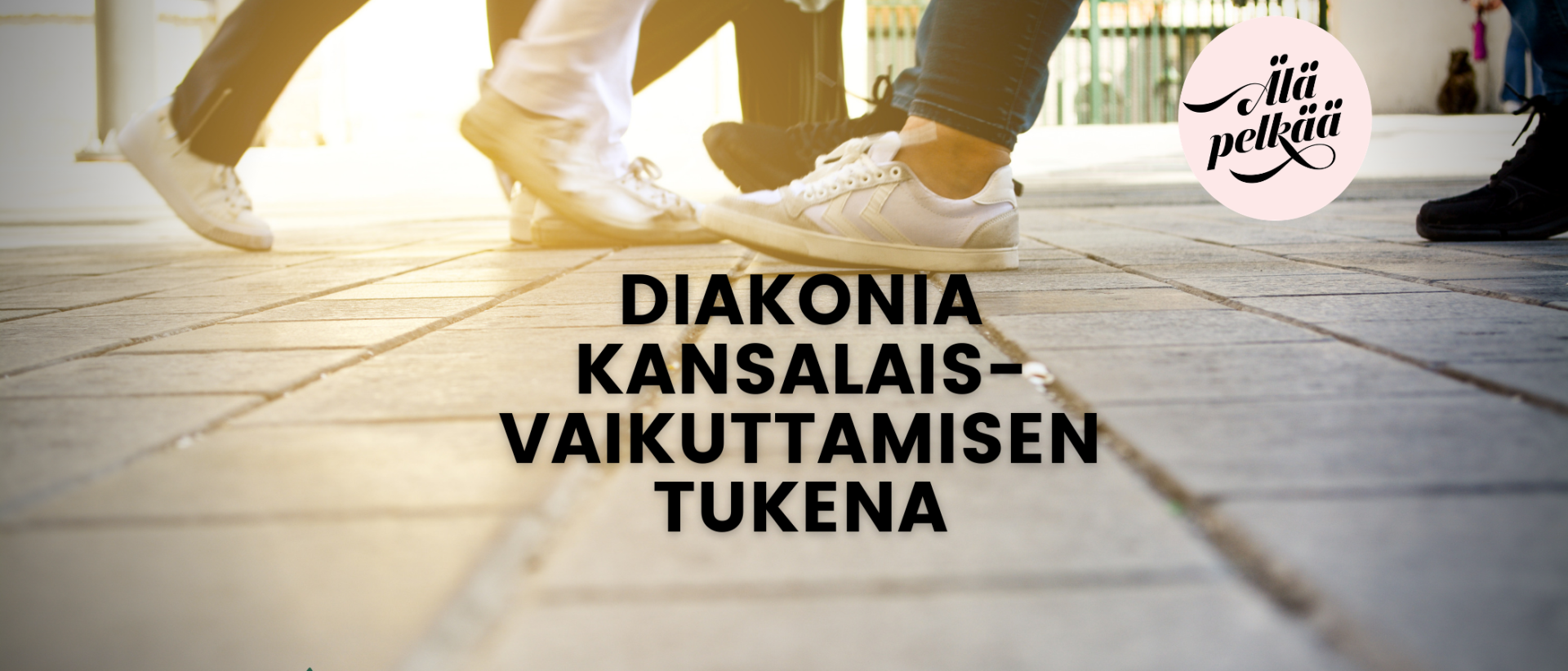 Diakonia kansalaisavaikuttamisen tukena-projektin kuvituskuva kadulta, jossa  katse ohikuljoiden jaloilla