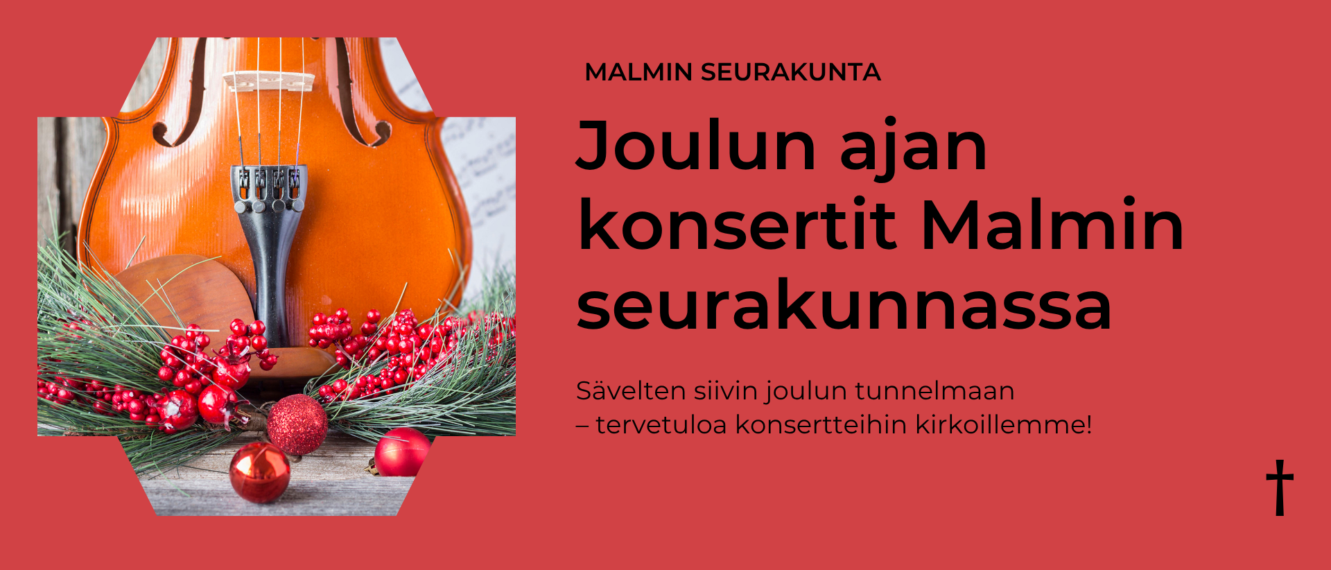 Punaisella pohjalla teksti Malmin seurkunta Joulun ajan konsertit Malmin seurakunnassa
