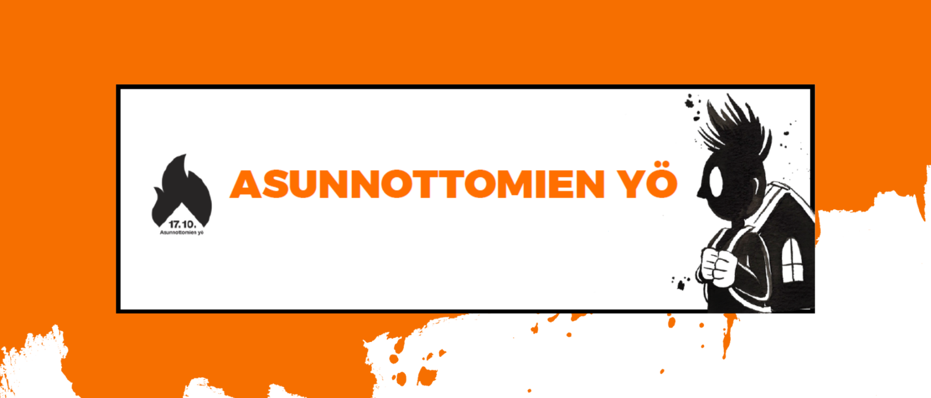 Piirreety, musta ihmisen hahmo reppu sel&auml;ss&auml;, teksti: Asunnottomien y&ouml; 17.10.