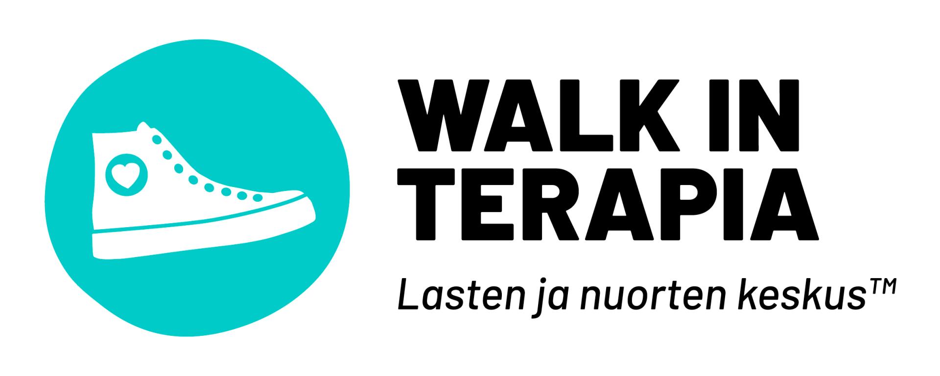 Valkoisella pohjalla turkoosi tennari ja teksti Walk in -terapia