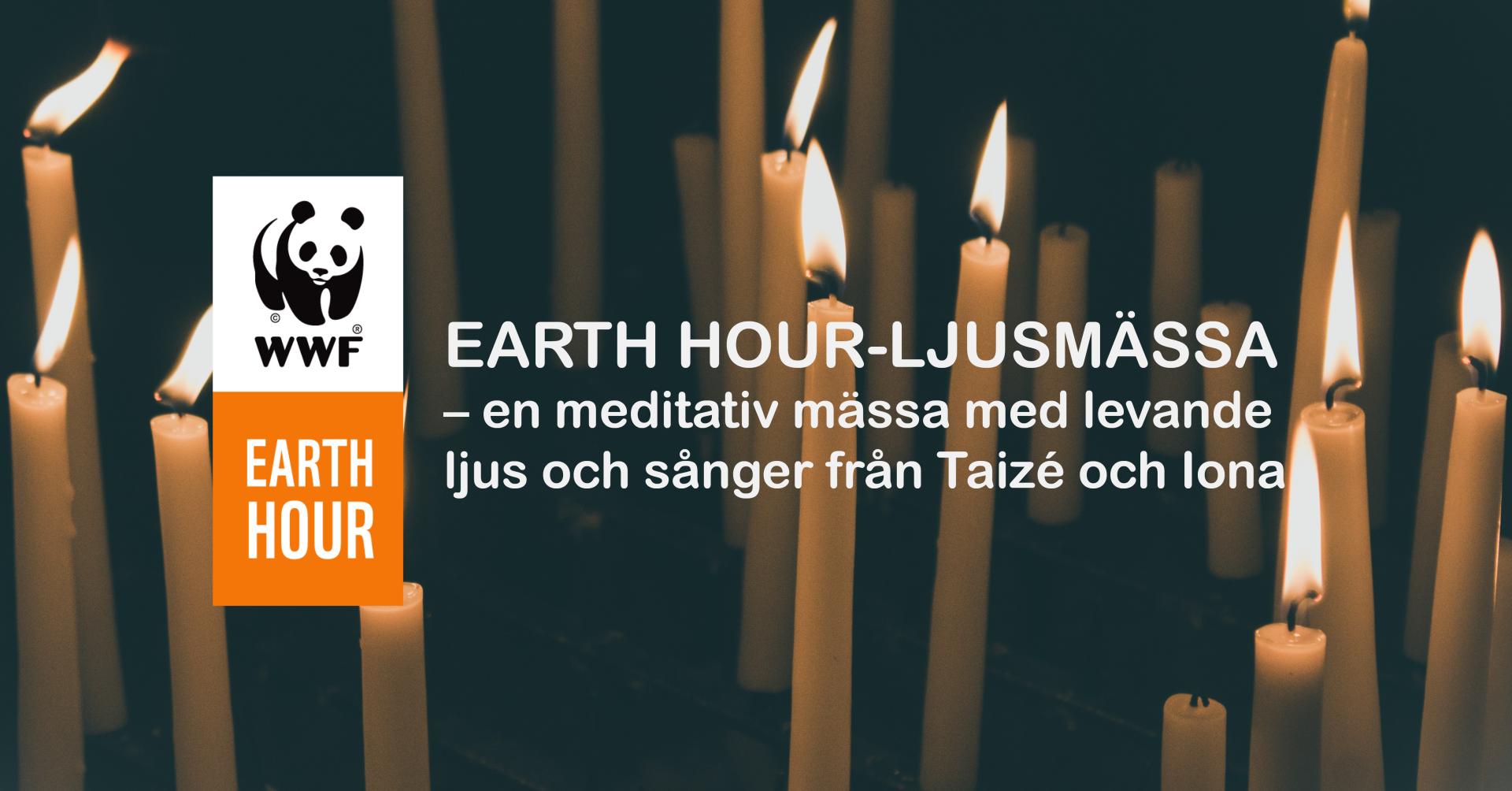 Levande ljus på mörk bakgrund med texten Earth Hour-ljusmässa – en meditativ mässa med levande ljus och sånger från Taizé och Iona.