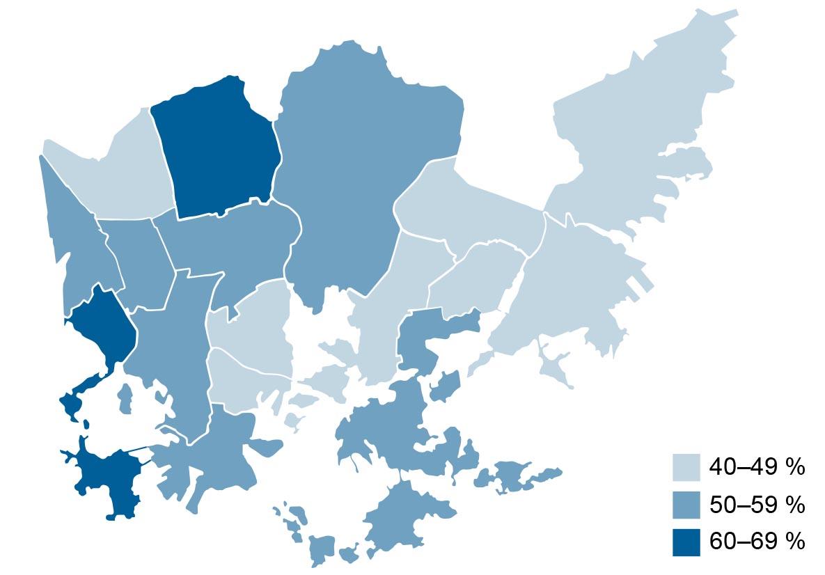 Seurakuntien jäsenmäärät sijoitettuna Helsingin kartalle